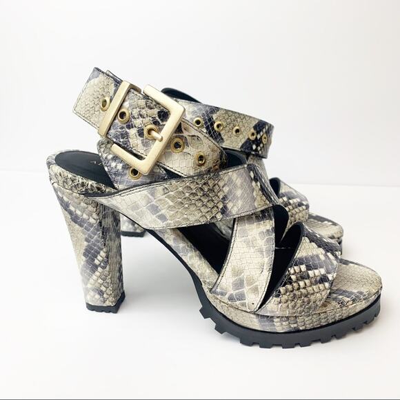 NWT AllSaints Sienna Snakeskin Print Leather Buckle Heeled Platform Sandal 8 - Picture 4 of 10